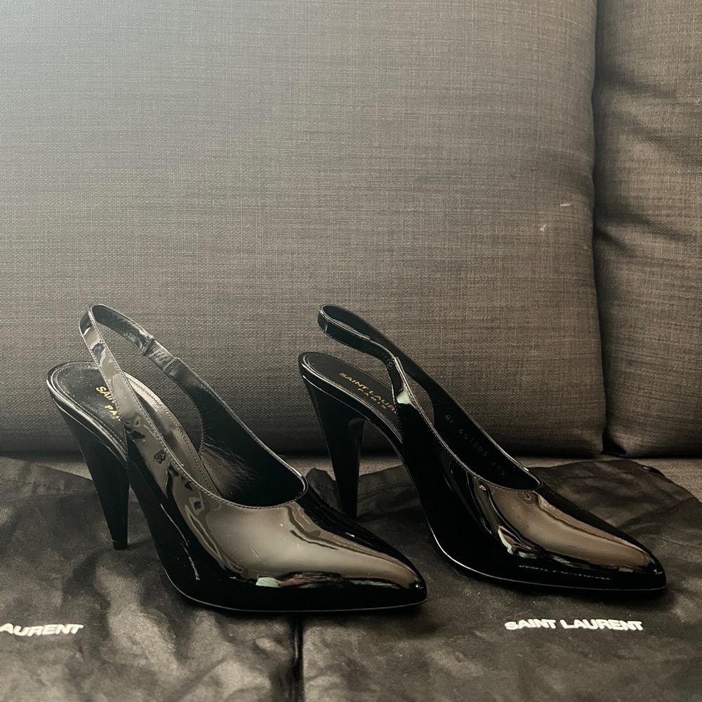 Saint Laurent YSL Venus Black Patent Pointed Slingback Pumps